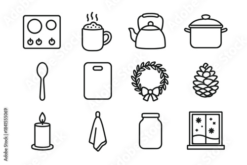 Cozy Winter Kitchen Icons. Cozy winter kitchen. Line outline icon set of Cozy winter kitchen: stovetop, mug of
