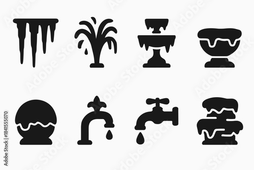 Winter Fountain Icons. Winter fountain details. Filled icon set of winter fountain details: icicle strands,