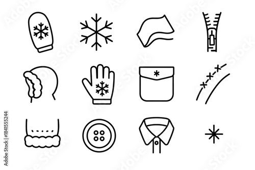 Snow Crystal Icons. Snow crystals on outerwear. Line outline icon set of Snow crystals on outerwear: parka