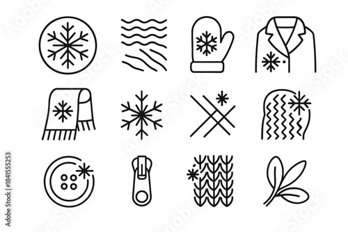 Snowflake Close-Up Icons. Close-up of snowflakes on clothing. Line outline icon set of Close-up of snowflakes