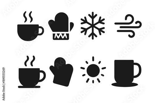 Winter Beverage Icons. Hot beverage winter. Filled icon set of hot beverage winter: hot cup, steam lines,
