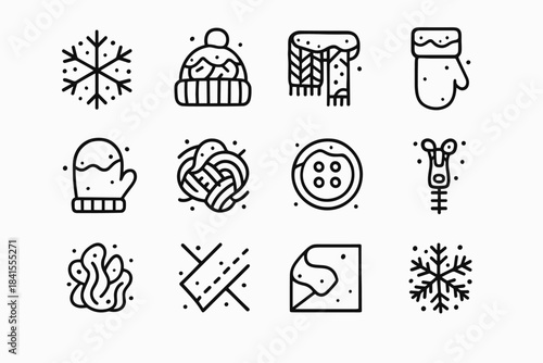 Snowy Fabric Icons. Snow resting on fabric. Line outline icon set of Snow resting on fabric: snowflake, knit