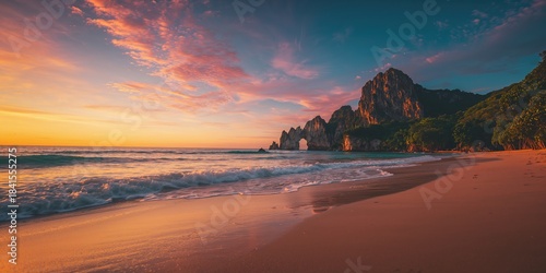Fototapeta Naklejka Na Ścianę i Meble -  Evening sky casting vibrant hues over tranquil ocean scene, suitable for editorial header backgrounds