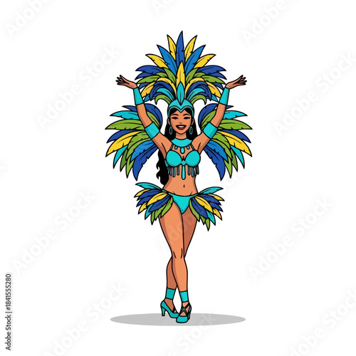 Samba Dancer in Festive Carnival Costume with Colorful Feathers, Vector Illustration