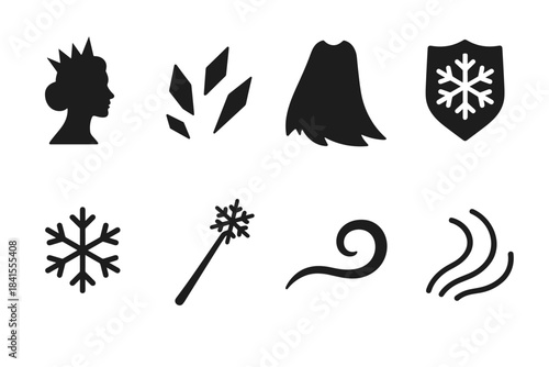 Snow Queen Icon Set. Snow queen concept. Filled icon set of snow queen concept: queen silhouette, crown shards