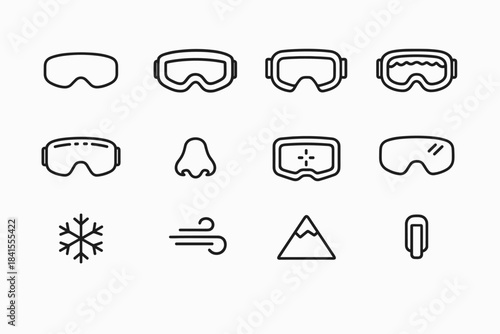 Snow Goggles Icons. Advanced snow goggles. Line outline icon set of Advanced snow goggles: lens shape, frame