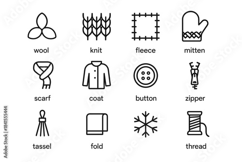 Winter Fabric Icons. Fabric & fiber winter icons. Line outline icon set of Fabric & fiber winter icons: wool