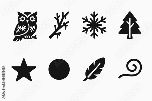 Frosted Owl Icons. Frosted forest owl. Filled icon set of frosted forest owl: owl perched, icy twig, frost