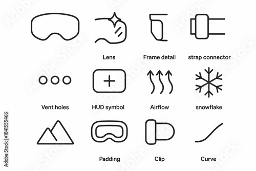 Ski Visor Icons. Ski visor innovation. Line outline icon set of Ski visor innovation: visor arc, lens shine,