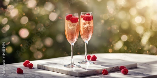 Two champagne glasses with beverage and fresh raspberries on a marble surface, suitable for celebratory occasions,