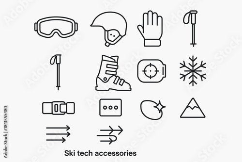 Ski Accessory Icons. Ski tech accessories. Line outline icon set of Ski tech accessories: ski goggles, helmet,
