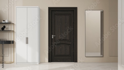 Contemporary hallway featuring a white wardrobe, wooden door, mirror, and black shelving unit, ideal for architecture projects