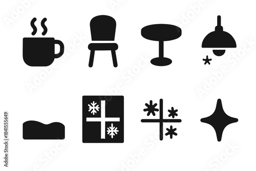 Frosty Café Icons. Frosty café atmosphere. Filled icon set of frosty café atmosphere: mug, steam, chair curve,