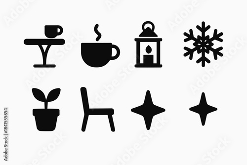 Cozy Coffee Icon Set. Cozy outdoor coffee spot. Filled icon set of cozy outdoor coffee spot: café table, cup