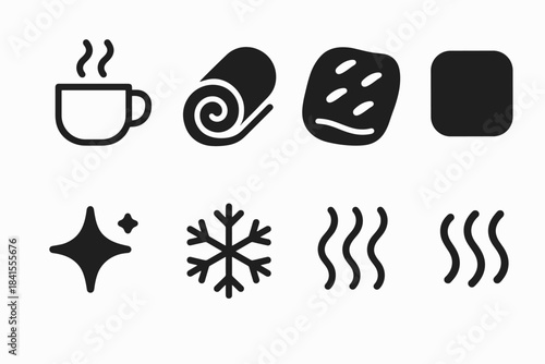 Cozy Icon Set. Hot drink relaxation. Filled icon set of hot drink relaxation: cup outline, steam loop, blanket