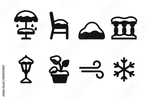 Snowy Patio Icons. Snow-covered outdoor patio. Filled icon set of snow-covered outdoor patio: patio table,