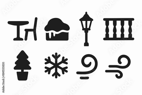 Winter Terrace Icons. Winter terrace silhouettes. Filled icon set of winter terrace silhouettes: table, chair,