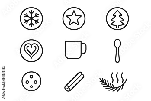 Holiday Latte Art Icons. Holiday latte art motifs. Line outline icon set of Holiday latte art motifs: