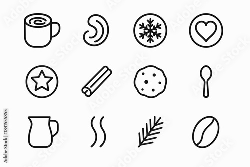 Latte Art Icons. Warm drink latte art. Line outline icon set of Warm drink latte art: mug, foam swirl,