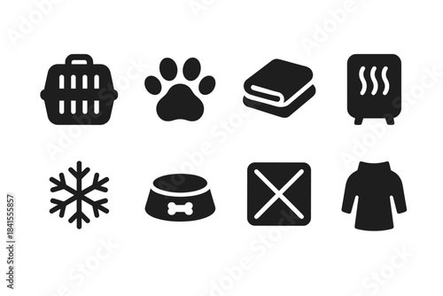 Winter Shelter Icons. Rescue shelter winter. Filled icon set of rescue shelter winter: animal crate, paw trail