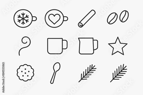 Winter Latte Icons. Winter latte art. Line outline icon set of Winter latte art: latte cup, snowflake foam art