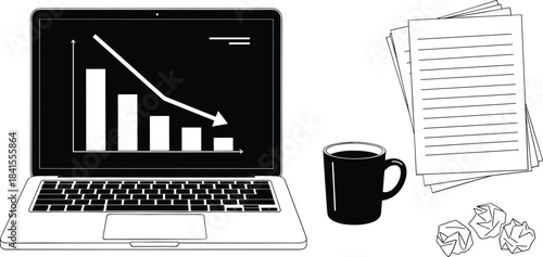 Black and White Monoline Vector Illustration Showing Financial Loss on a Laptop Screen, Crumpled Paper, and Coffee, Representing Business Downturn or Crisis