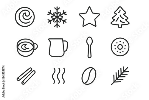 Barista Winter Icons. Barista winter patterns. Line outline icon set of Barista winter patterns: foam swirl,