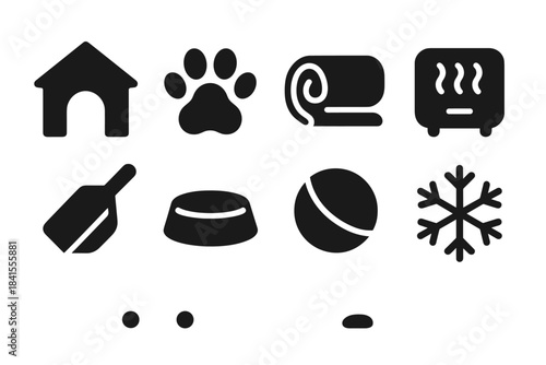 Shelter Pet Icons. Shelter pet essentials. Filled icon set of shelter pet essentials: kennel shape, paw icon,