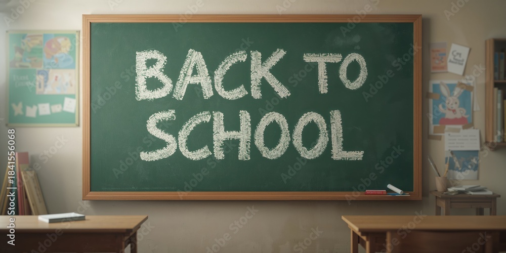Fototapeta premium Classroom blackboard with back to school message and chalk, school activity layout