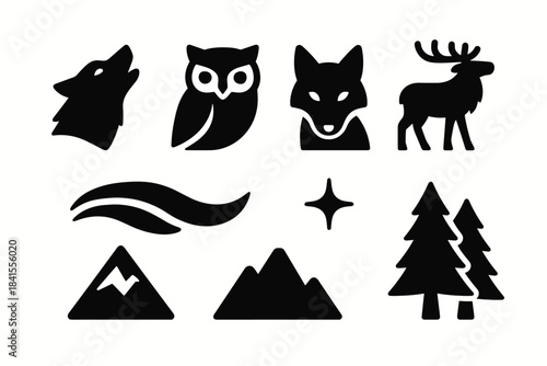 Aurora Night Creatures. Aurora night creatures. Filled icon set of aurora night creatures: wolf icon, owl icon