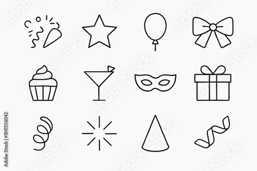Celebratory Icons Flat-Lay. Flat-lay celebratory items. Line outline icon set of Flat-lay celebratory items: