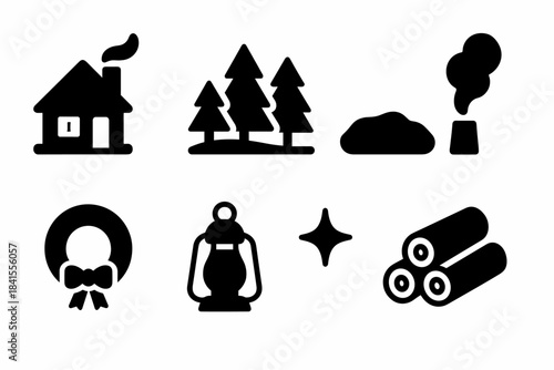Winter Cottage Icons. Winter cottage scene. Filled icon set of winter cottage scene: cottage icon, pine trio,