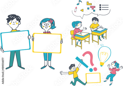 青と黄色のアクセントカラーで描かれた、空白のボードを掲げる男女の小学生と、机で議論する学習風景、電球と疑問符による問題解決イメージの手書き風線画イラストセット