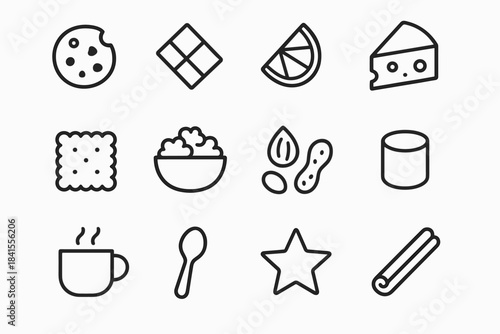 Evening Snack Icons. Evening comfort bites. Line outline icon set of Evening comfort bites: cookie, chocolate
