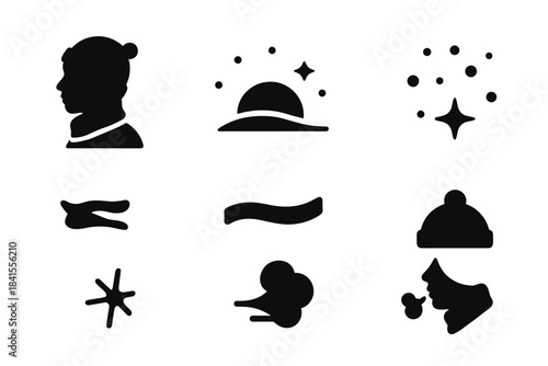 Sunset Snow Silhouettes. Snow portrait at sunset. Filled icon set of snow portrait at sunset: profile