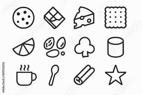 Cozy Snack Icons. Simple cozy snacks. Line outline icon set of Simple cozy snacks: cookie, chocolate piece,