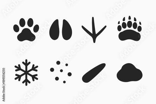 Snow Trail Icons. Snow trail icons. Filled icon set of snow trail icons: paw mark, hoof edge, bird print, bear