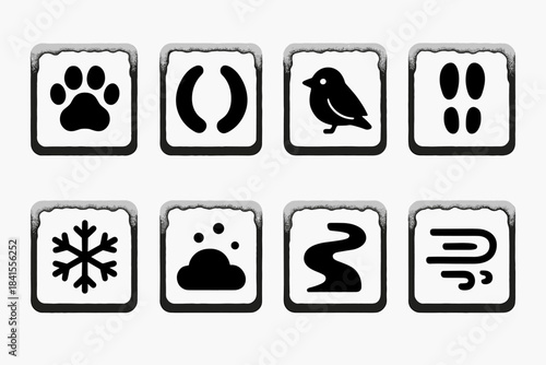 Frosty Trail Icon Set. Frosty trail signs. Filled icon set of frosty trail signs: paw icon, hoof icon, bird