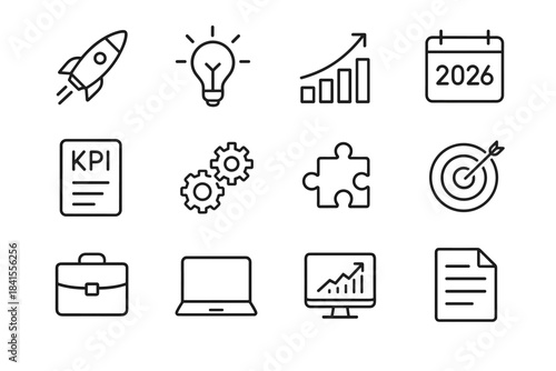 Startup Strategy Icons. Future-focused startup strategy. Line outline icon set of Future-focused startup