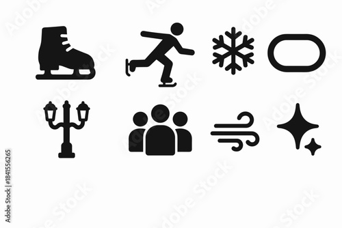 Ice Skating Icons Set. Ice skating in public square. Filled icon set of ice skating in public square: ice