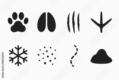 Snow Tracking Icons. Snow tracking symbols. Filled icon set of snow tracking symbols: paw silhouette, hoof