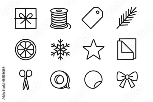 Eco-Friendly Gift Wrap. Eco-friendly holiday wrap. Line outline icon set of Eco-friendly holiday wrap: kraft