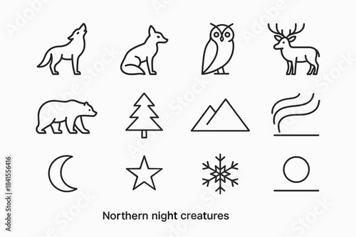 Northern Night Icons. Northern night creatures. Line outline icon set of Northern night creatures: wolf, fox,