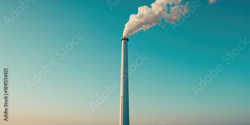 Detailed view of a white factory chimney releasing smoke into a blue sky, air quality issues, Earth Day