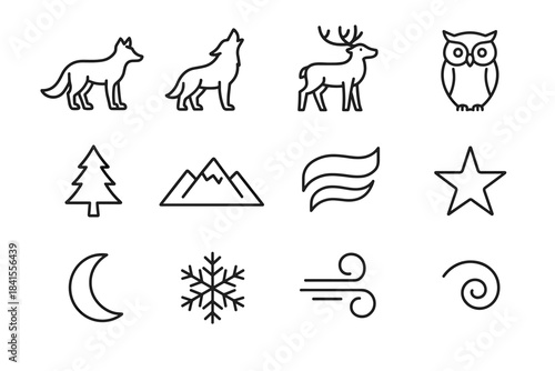Night Sky Icons. Night sky wildlife. Line outline icon set of Night sky wildlife: fox, wolf, reindeer, owl,