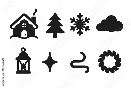 Fairytale Winter Icons. Fairytale cabin in snow. Filled icon set of fairytale cabin in snow: cabin shape, pine
