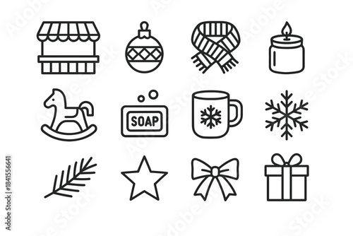 Christmas Market Icons. Christmas market with handmade goods. Line outline icon set of Christmas market with