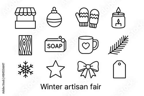 Winter Fair Icons. Winter artisan fair. Line outline icon set of Winter artisan fair: booth silhouette,
