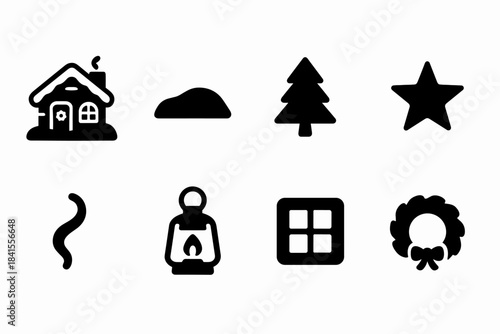 Cozy Lodge Icon Set. Cozy fairytale lodge. Filled icon set of cozy fairytale lodge: lodge outline, snow drift,