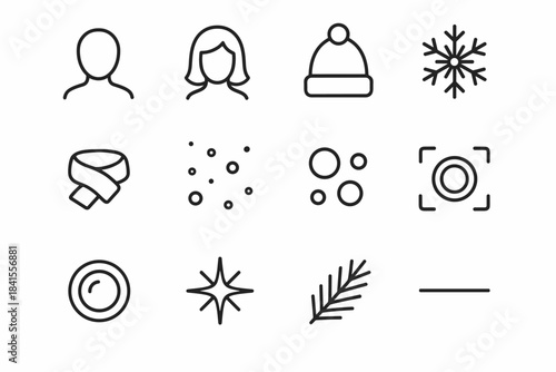Winter Icon Set. Portrait glow in snow. Line outline icon set of Portrait glow in snow: head outline, hair